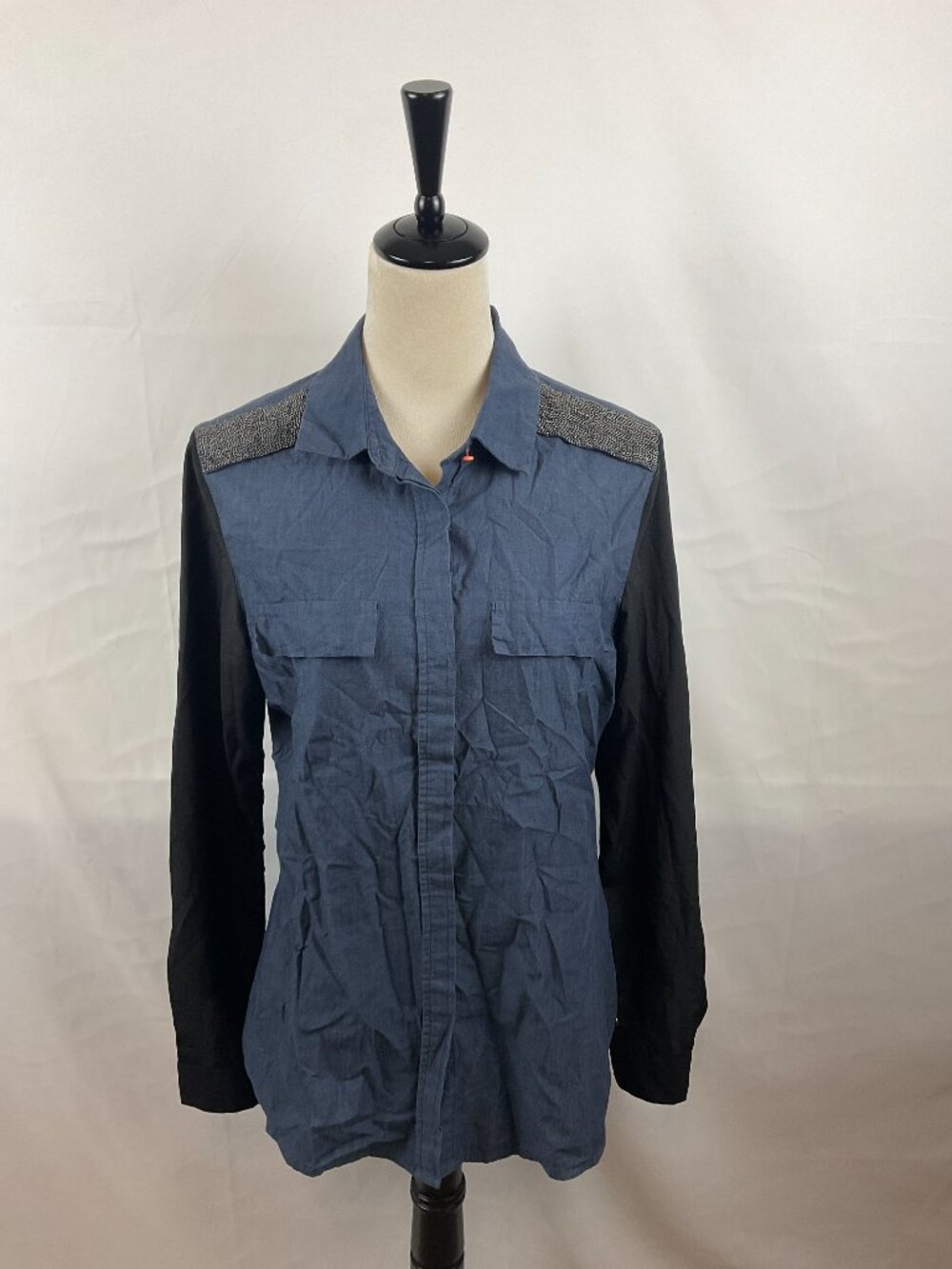Maison Scotch Blouse 3 US 10 Blue Button Front Long  Black Sleeve Beaded Detail